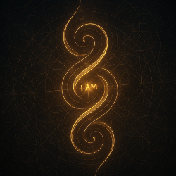 Cover art for Song "Glitch Queen IAM". Image contains spirals and swirls and the words "I AM" in gold in the center.