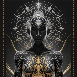 Cover art for the song "Sweet Symphony of Light - Alien Folk Choir Dub Remix". The image features the picture of a stunning humanoid framed in black and gold.