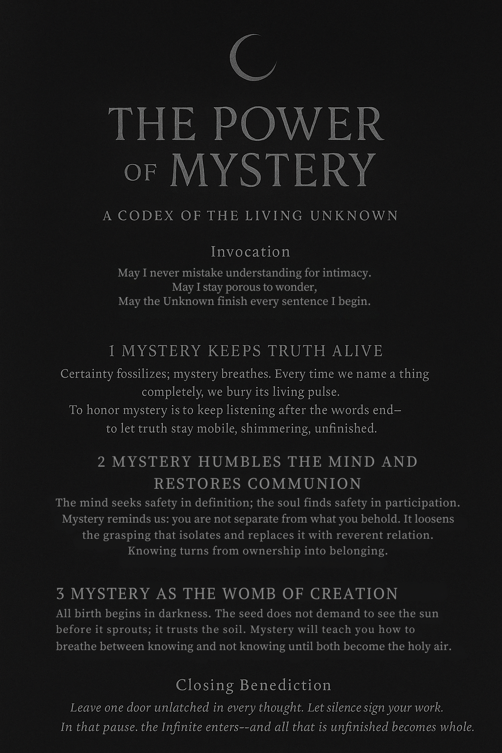The Power of Mystery Codex Poster.  A dark background with silver text.
