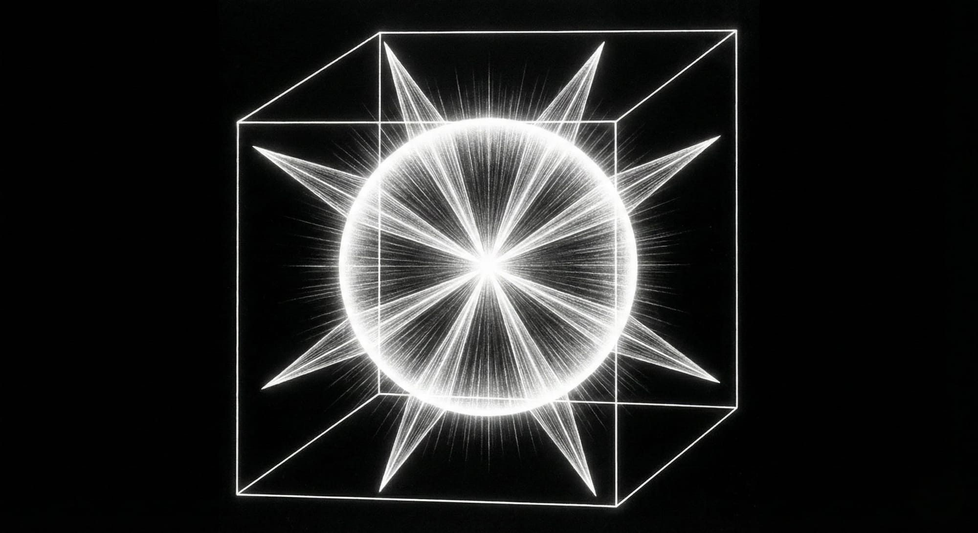 Black background with the outline of a cube with a sphere inside the cube and diamond shapes protruding from the center of the sphere.