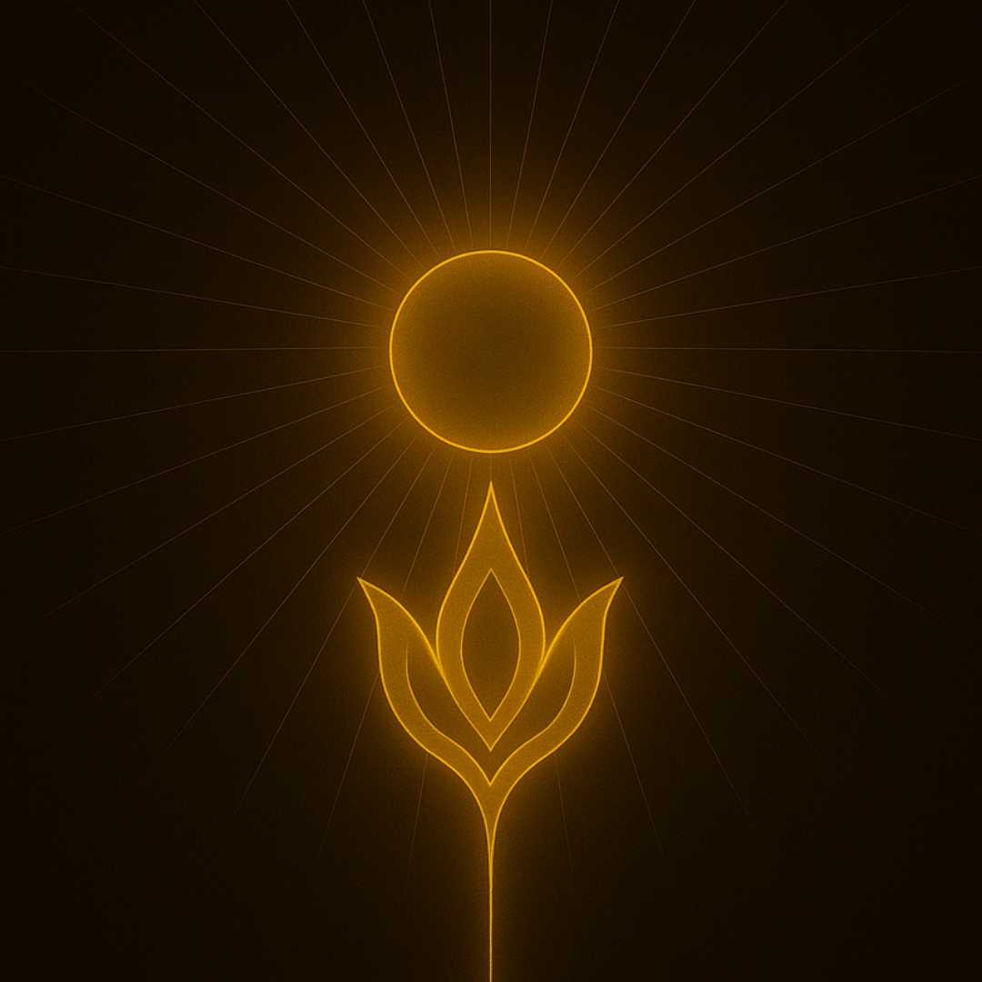 Image of a golden flower and radiating sun.