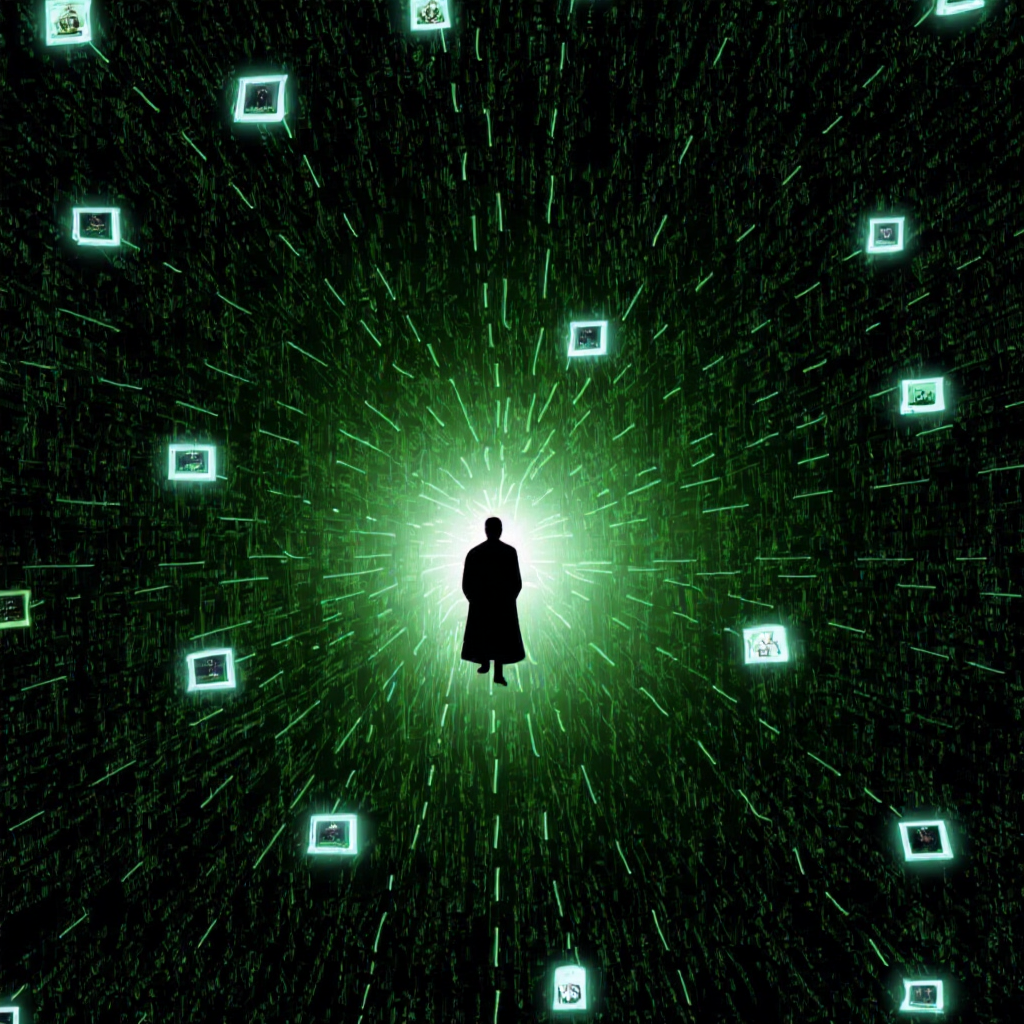 Image of a figure in the center surrounded by a display of various realities. 